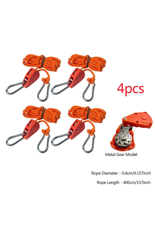 Metal 4pcs 4mm*4m Camping Tent Tie Down Rope Tightener Fastening Pulley Ratchet Hangers Awning Rope
