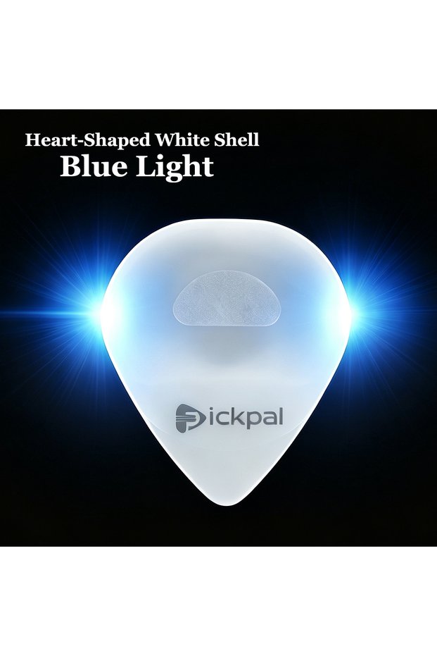 White Shell Blue Miwayer Heart-Shaped LED Glow Guitar Pick – 0.5mm, Replaceable CR1616 Battery, 8 Co