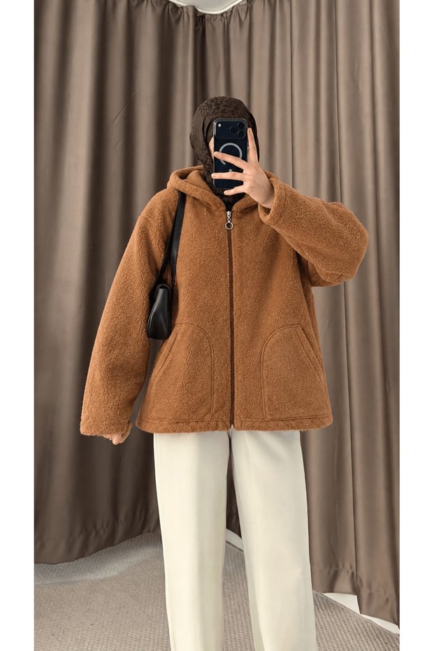 Hooded Zippered Velsoft Jacket - Camel (Os)