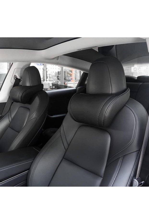 2pcs black pillow For Tesla Model 3/Y/X/S Seat Headrest Travel Rest Neck Pillow PU Leather Neck Pill
