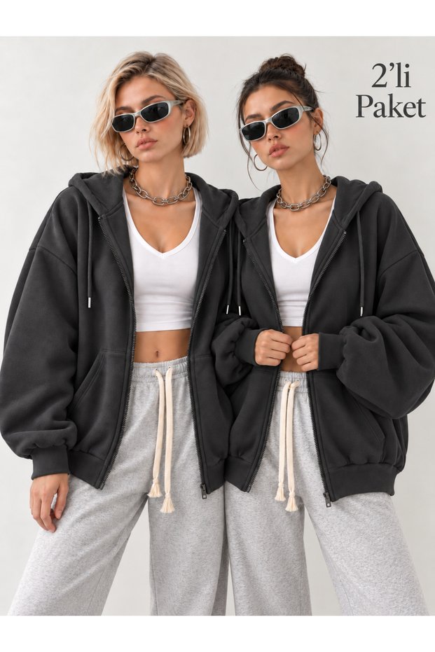 Women's 2-Pack Loose Sleeve Oversize Hooded Full Zipper Pocket Casual Cotton Cardigan