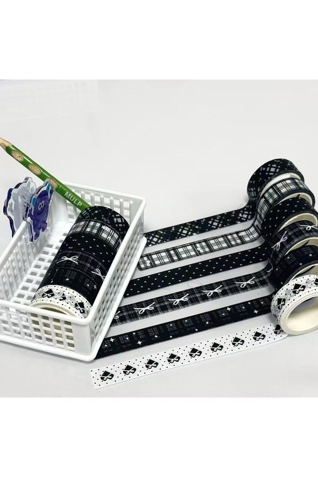 6Pcs-D 4/6 Pcs Korean Aesthetic Black Grey Washi Tape Bow Star Heart Cloud Decorative Masking Tape J