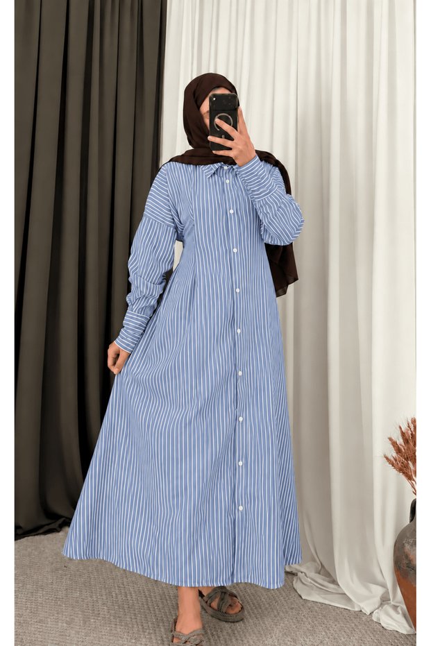 Striped Dress with Front Pleated Detail - Blue