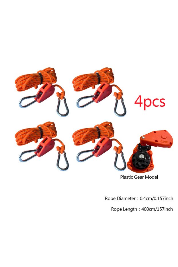 Plastic 4pcs 4mm*4m Camping Tent Tie Down Rope Tightener Fastening Pulley Ratchet Hangers Awning Rop