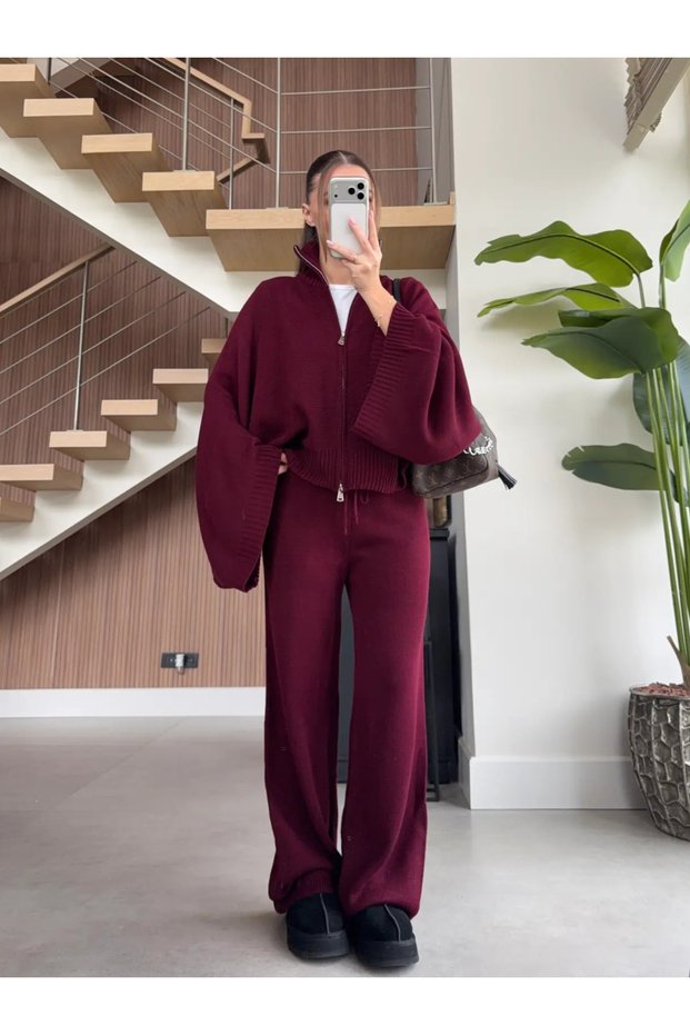 Plum Bat Sleeve Double Zipper Knitwear Set - 2110