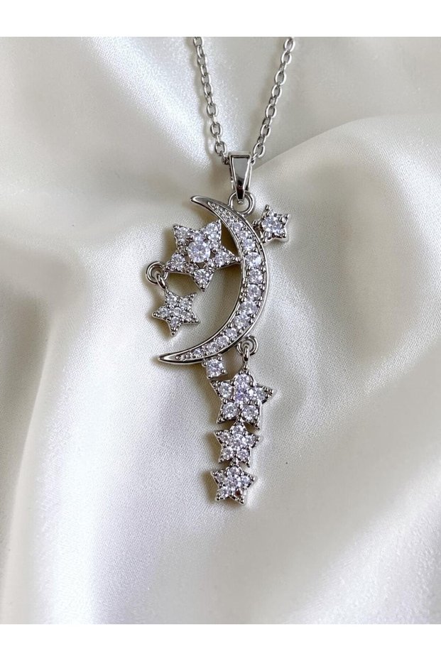 Silver Color Zircon Stone Moon Star Figured Dangle Steel Necklace