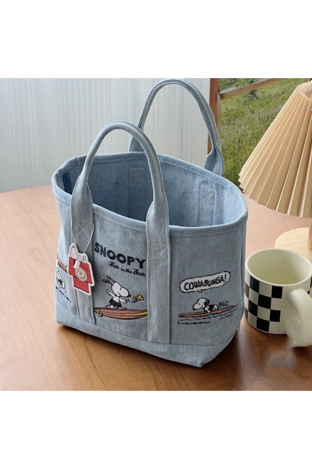 B Snoopy Embroidered Canvas Tote Bag Japanese Style Cute Casual Handbag for Women Lunch Bag O