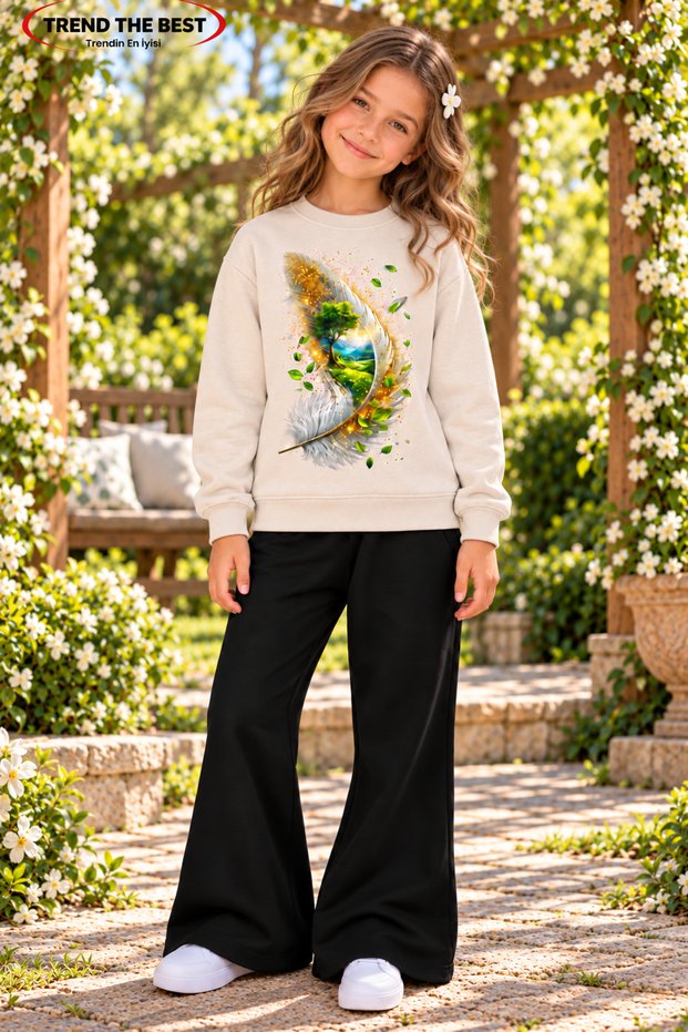 Winter, Spring, and Autumn Girls' Black Spanish Flared Bottoms and Beige Sweat Top