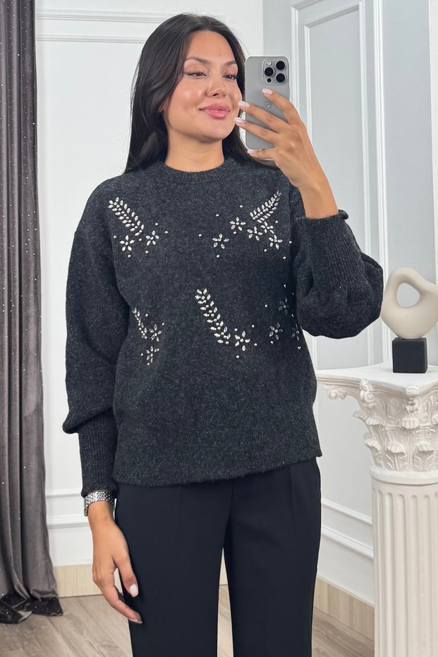 Women's Winter Anthracite Lumiere Stone-Embellished Knit Sweater 20298.
