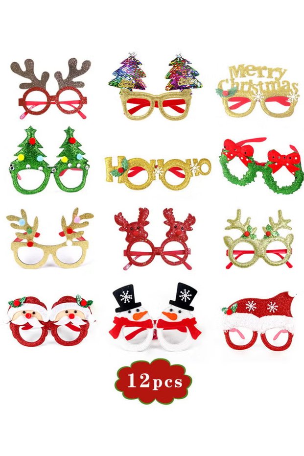 12Pcs Christmas Glasses Decorations Party Decorations Xmas Costume Cute Eyeglasses Frames for Festive Glitter Christmas Parties Photos booth Xmas Holiday Favors Gift