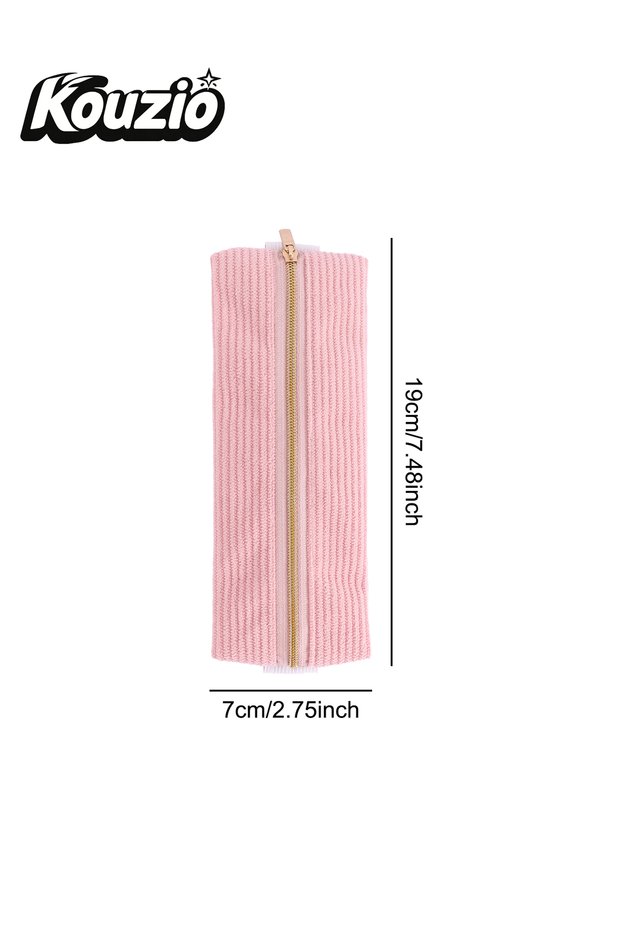 Pale Pink Solid Striped Corduroy Slim Pencil Case With Gold Zipper Elastic Band Design PortableStati