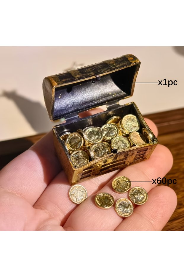 61pcs Mini Pirate Gold Coins Set, Alloy Coins Resin Bucket Chest, Dollhouse Wealth Decor, Micro Land
