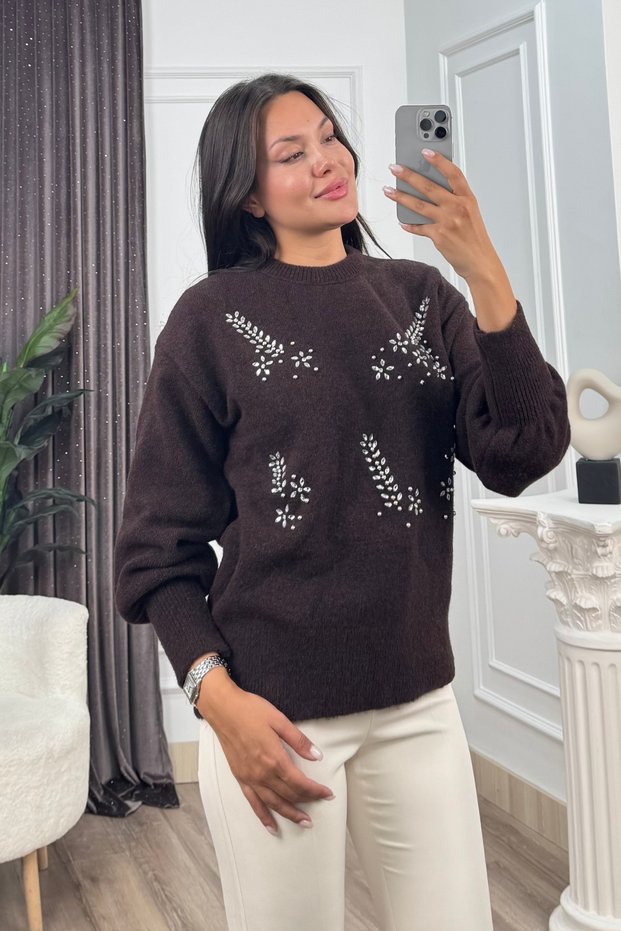 Women's Winter Coffee Lumiere Stone-Embellished Knit Sweater 20298