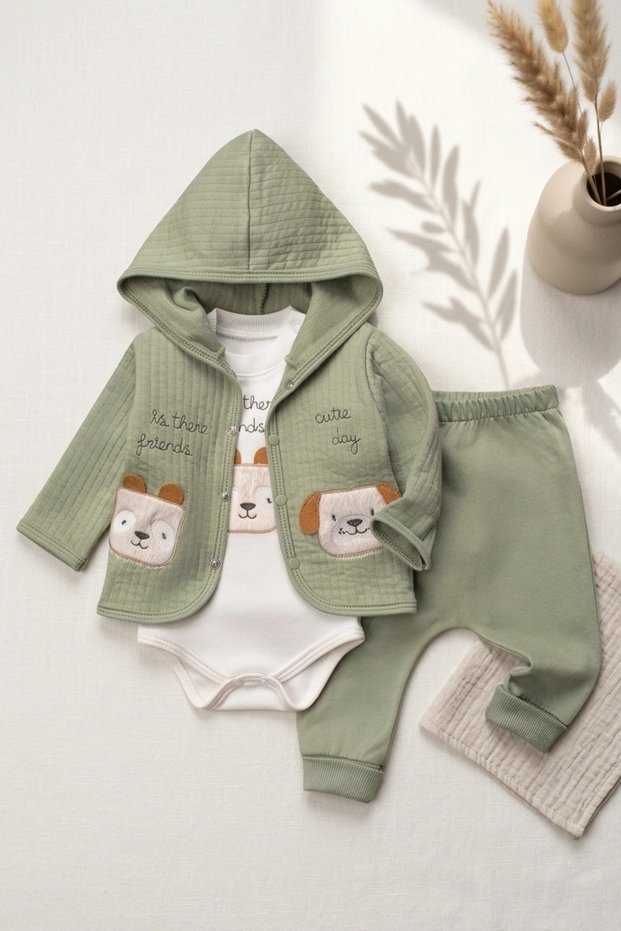 Lumi Bear Quilted Hooded Cardigan, Bodysuit and Jogger 3-Piece Baby Set - Premium Cotton Baby Combination