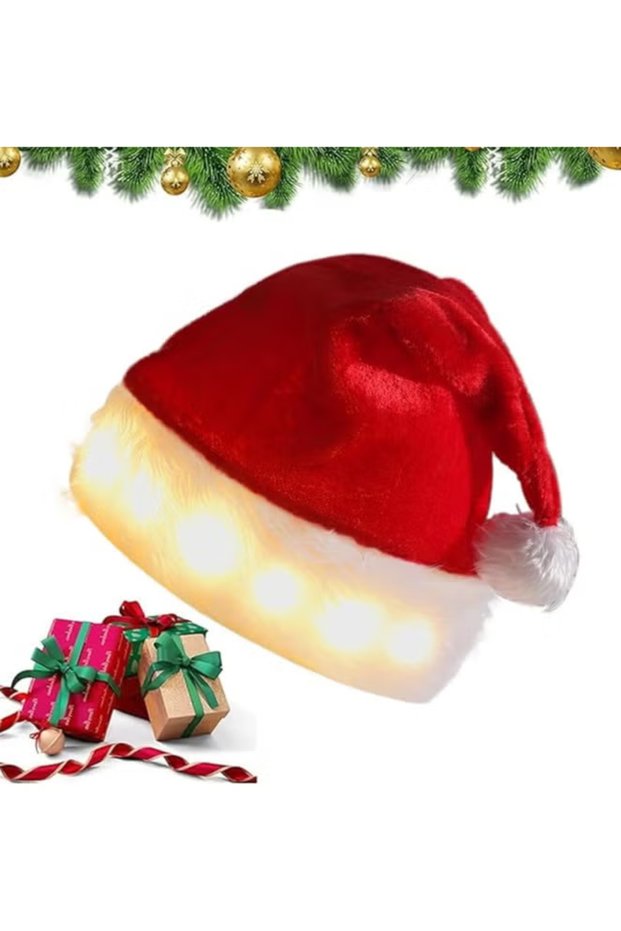 Christmas Hat, LED Santa Hat, Red Plush Side Luminous Santa Hat with Cuddly Soft Bobble Adult Santa Hats for Christmas, New Year, Holiday Party