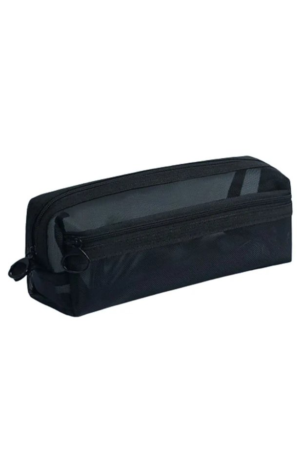 1pc-black Portable Transparent Mesh Pencil Case, Double-layer Large Capacity Stationery Zipper Stora