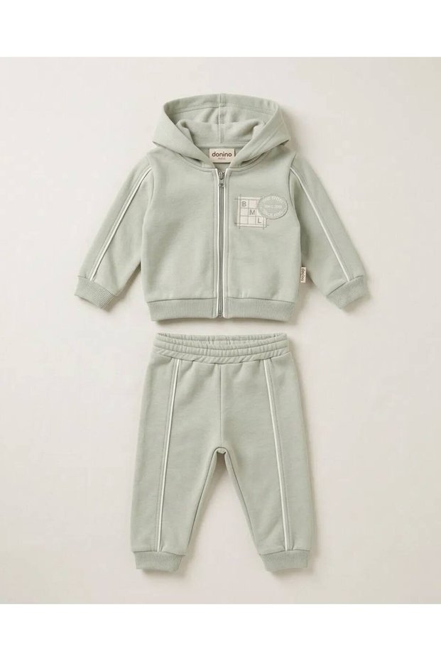6-24 Months Baby Winter 2-Piece Tracksuit Set – 3-Strand Zippered Hoodie and Pants, Mint Green-Navy Blue Newborn Baby Set