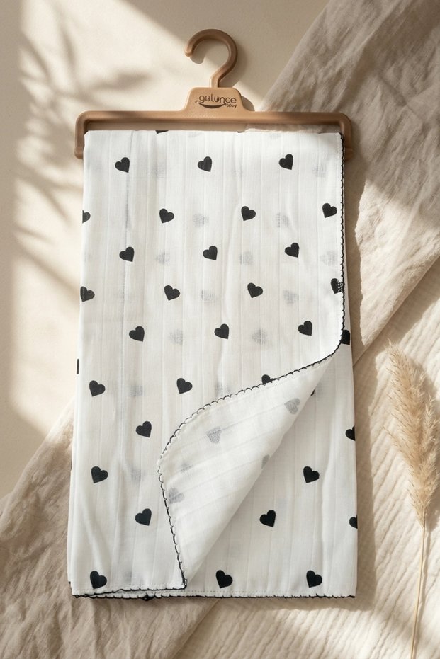 Black Patterned Cotton Muslin Baby Blanket with Piping and Embroidered Edges 90*90 cm