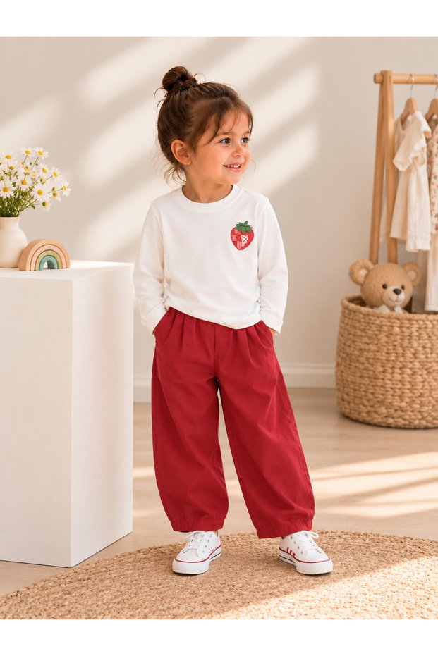 Strawberry-Printed Balloon Pants and T-Shirt Set