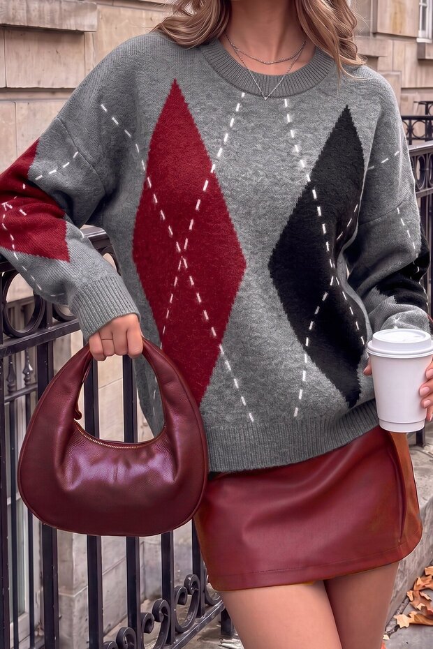 Women's Gray Baklava Patterned Tricot Long Sweater