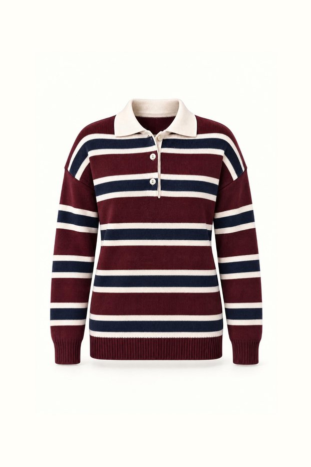 Polo Collar Burgundy Navy Striped Knitwear