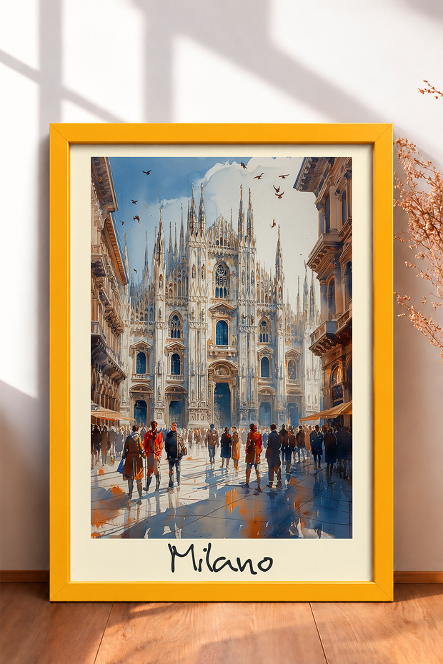 Crowd in Front of the Milan Cathedral, Framed Painting, Italy Poster, Wall Decor, Itp092.
