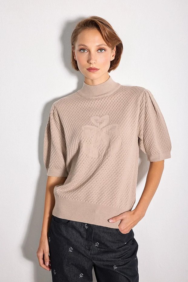 Hayalperest Collection High Collar Openwork Viscose Knitwear Blouse - Stone