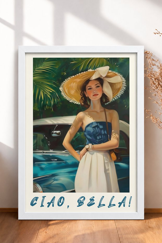 Ciao Bella Classic Car and Woman with Hat Framed Poster, Italy Poster, Wall Decor, Itp090.