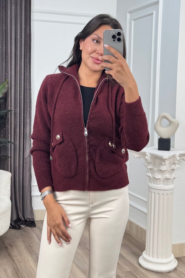 Women's Winter Burgundy Velour Zippered Turtleneck Knit Sweater 20286