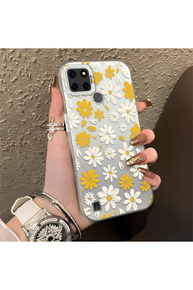 غطاء هاتف مطبوع بنقشة زهرة البابونج، متوافق مع هواتف Realme C25Y/C21Y، متين ويدوم طويلاً، وتصميمه لطيف.