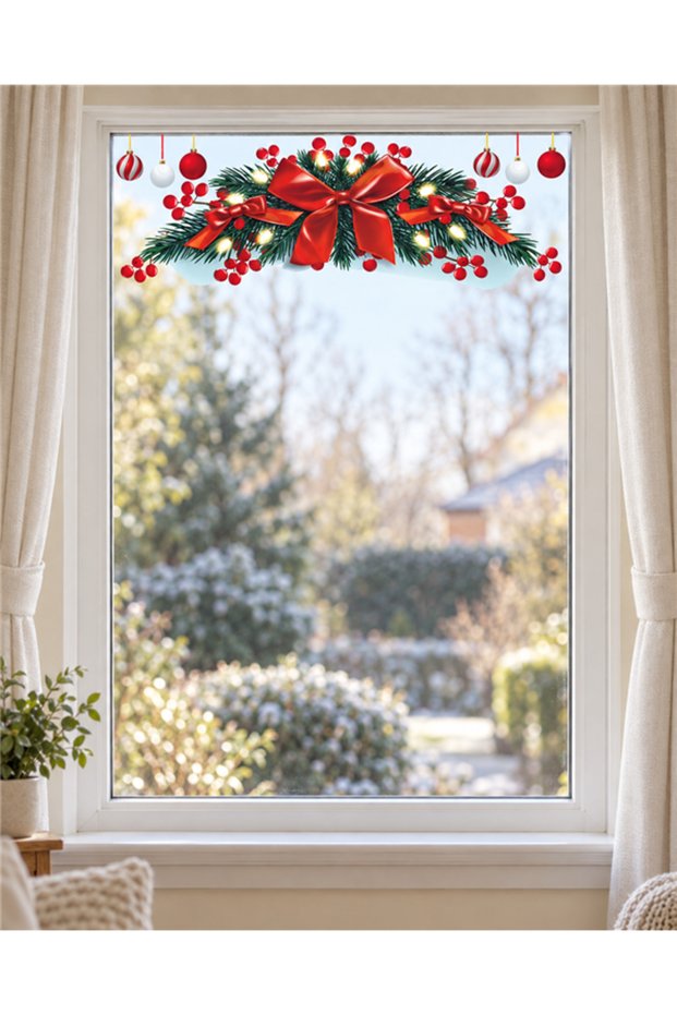 Garland Pine Branch and Red Bow Pattern Christmas Glass Sticker