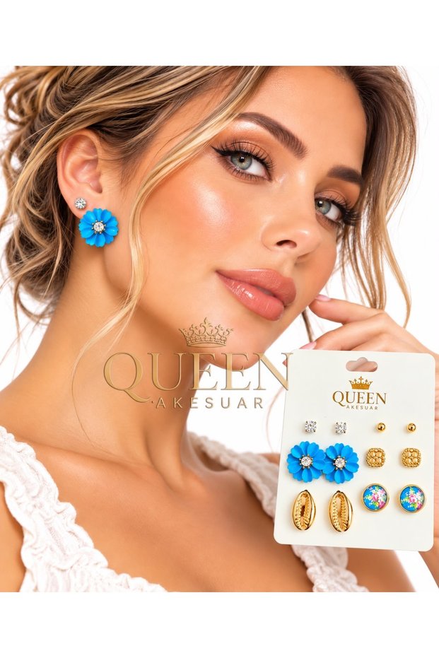 6 Pairs Gold Gold Studded Saks Blue Flowered Sea Shell Bulk Stone Women's Earrings Set