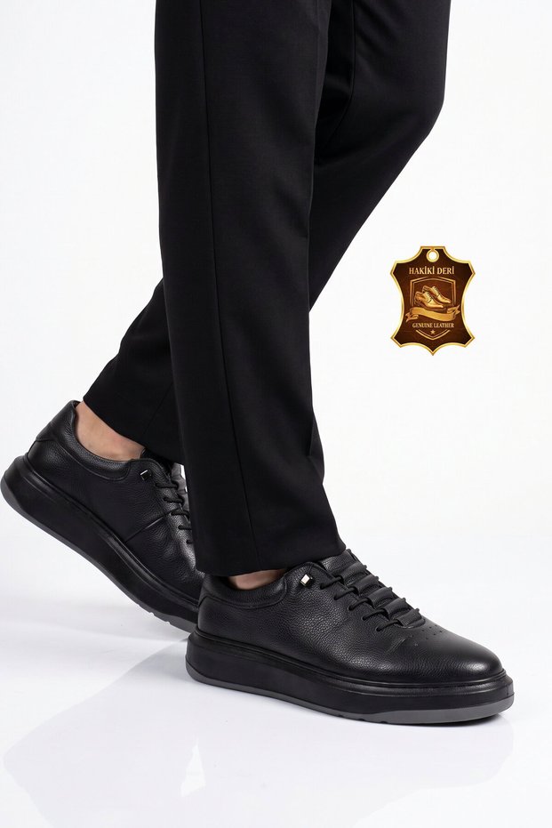 Stylish Comfortable Black Genuine Leather Men's Casual Sneaker Shoes with Rubber Laces 272304