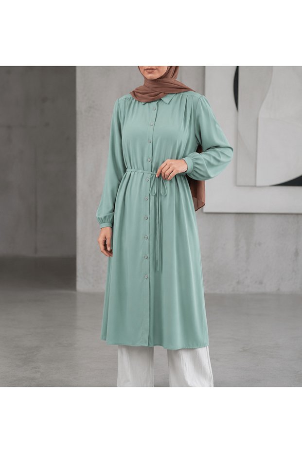 Arka Roba Pleated Long Tunic with Shoulder Detail - Mint Green