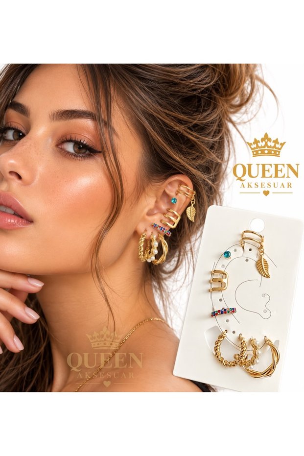 Gold Leaf 7-Piece Ring Cartilage Stud Earring Set with Stones and Pearls Pendant Chain Dangle