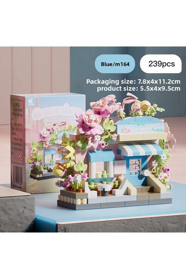 Blue 239pcs Mini City Street View Flower Shop Food House Building Blocks Kit Home Decor Girls Assemb