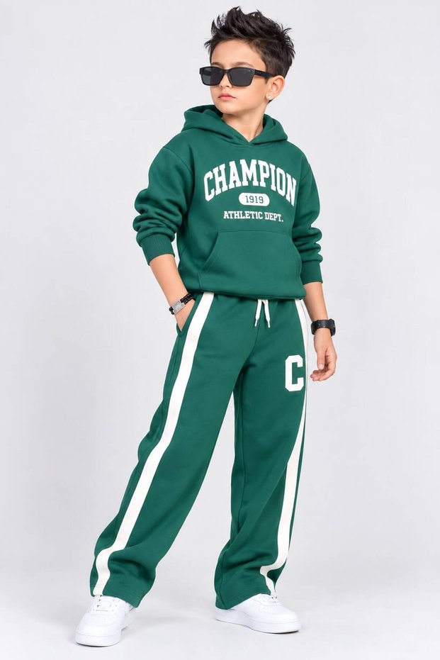 Boy's Hooded Sweatshirt with 3 Strands of Yarn and Striped Sweatpants, Loose Fit