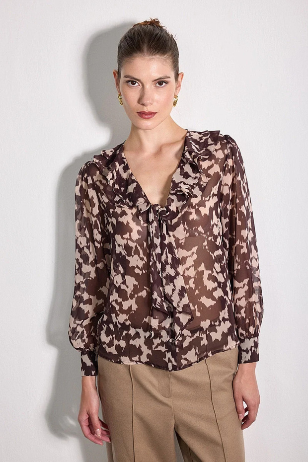 Flounced Patterned Chiffon Blouse - Brown