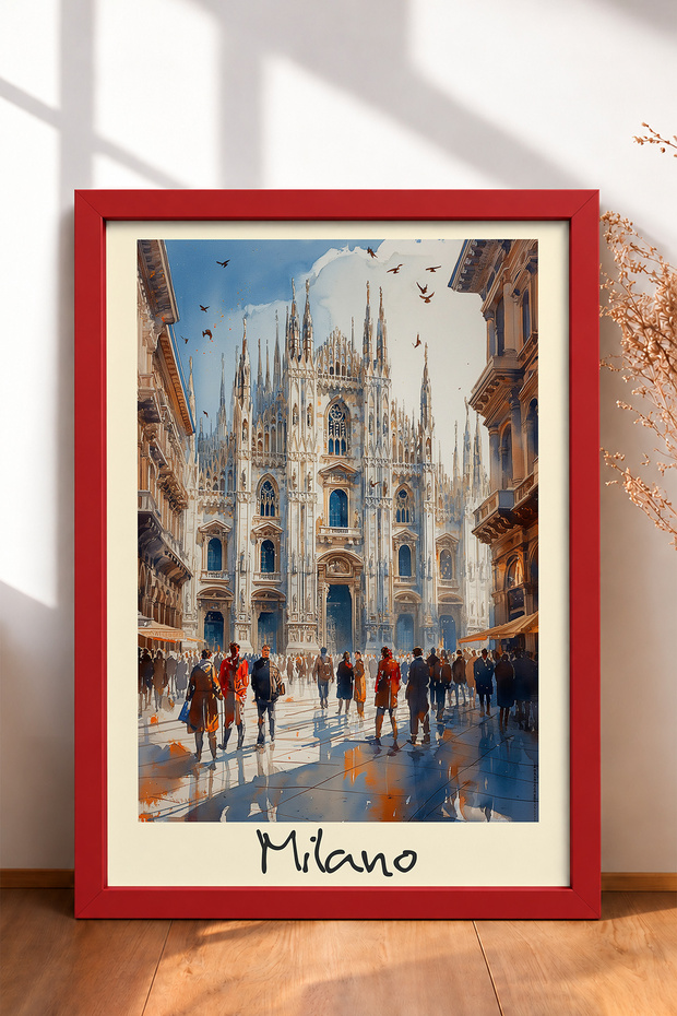 Crowd in Front of the Milan Cathedral, Framed Painting, Italy Poster, Wall Decor, Itp092.