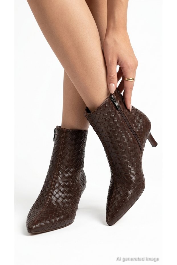 Women's Boots, Pointed Toe, Thin Heel, Knitted Texture, Woven Upper, Side Zipper, Casual, Stylish, Derqan5000Mrv.