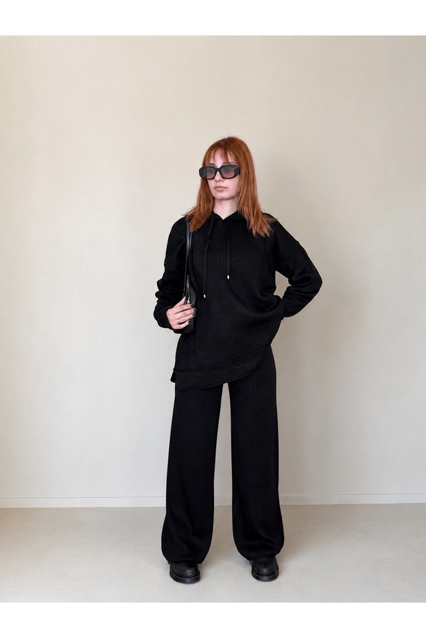 Hooded Knitwear and Pants Set - Black