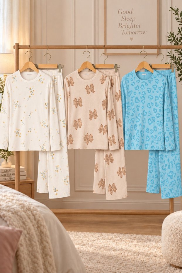 3-Piece Women's Patterned Long-Sleeved Pajama Set