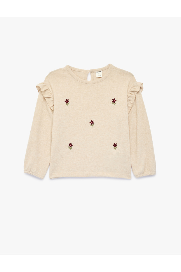 Floral Embroidered Long-Sleeved Crew Neck Ruffled Sweatshirt