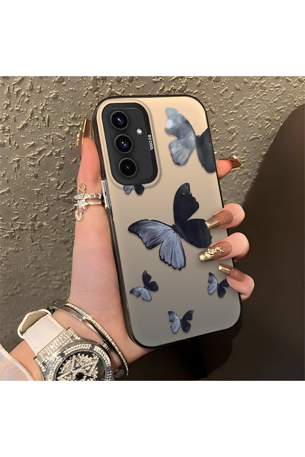 Samsung Galaxy A54 Compatible Black and Gray Butterfly Print Protective Case, with Impact Protection.