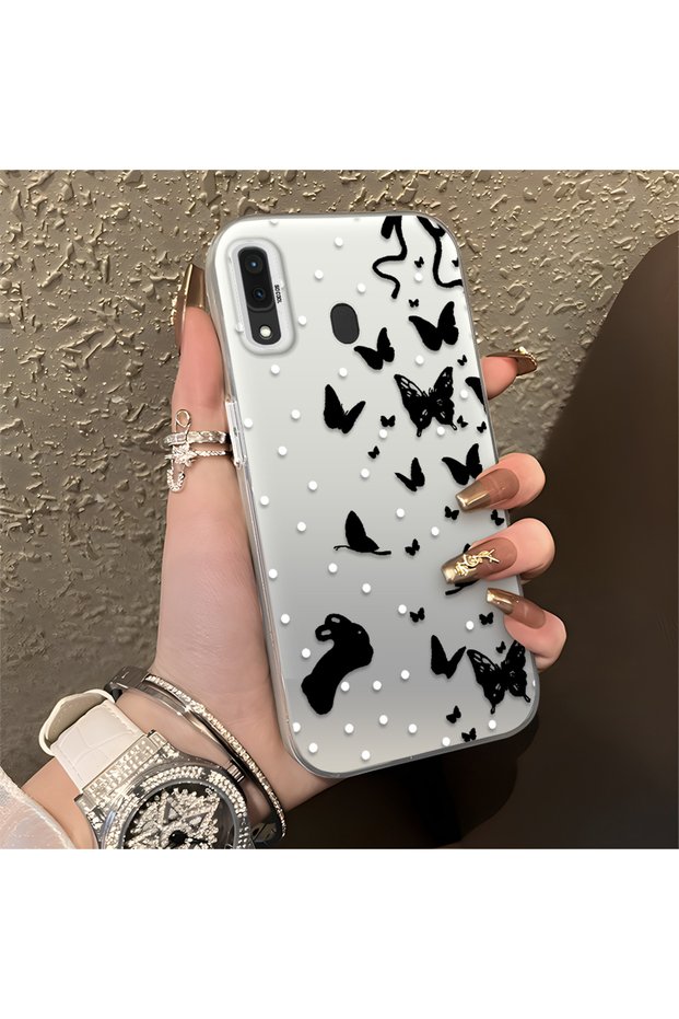 Samsung Galaxy A30/A20 Compatible Case with a Dot and Butterfly Pattern, Suitable for Everyday Use.