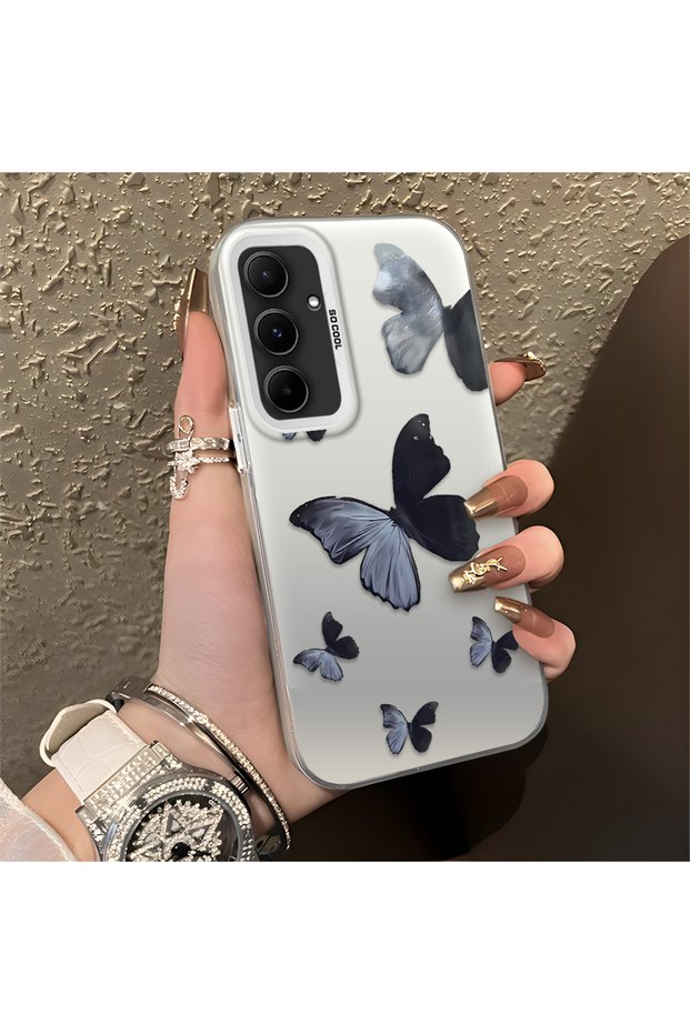 Samsung Galaxy A55 Compatible Black and Gray Butterfly Print Protective Case, with Impact Protection.