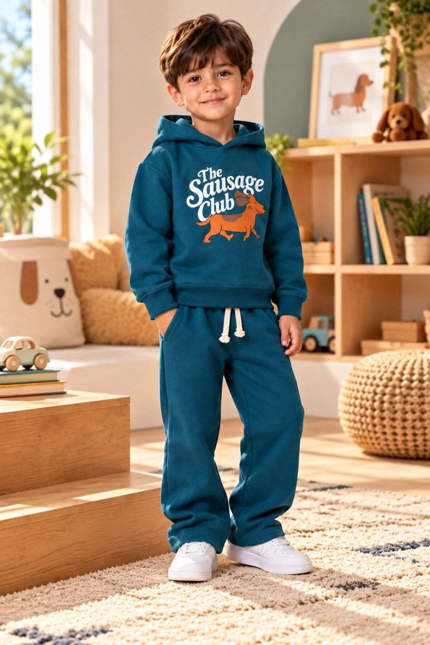 Boys' Hooded Tracksuit Set – Petrol Blue, Printed Sweatshirt and Tracksuit 2-Piece Set.