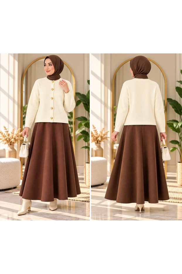 Women's modest detail knit blouse and suede skirt set, brown.