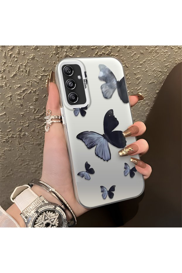 Samsung Galaxy A24 Compatible Black and Gray Butterfly-Printed Protective Case, Offering Impact Protection.