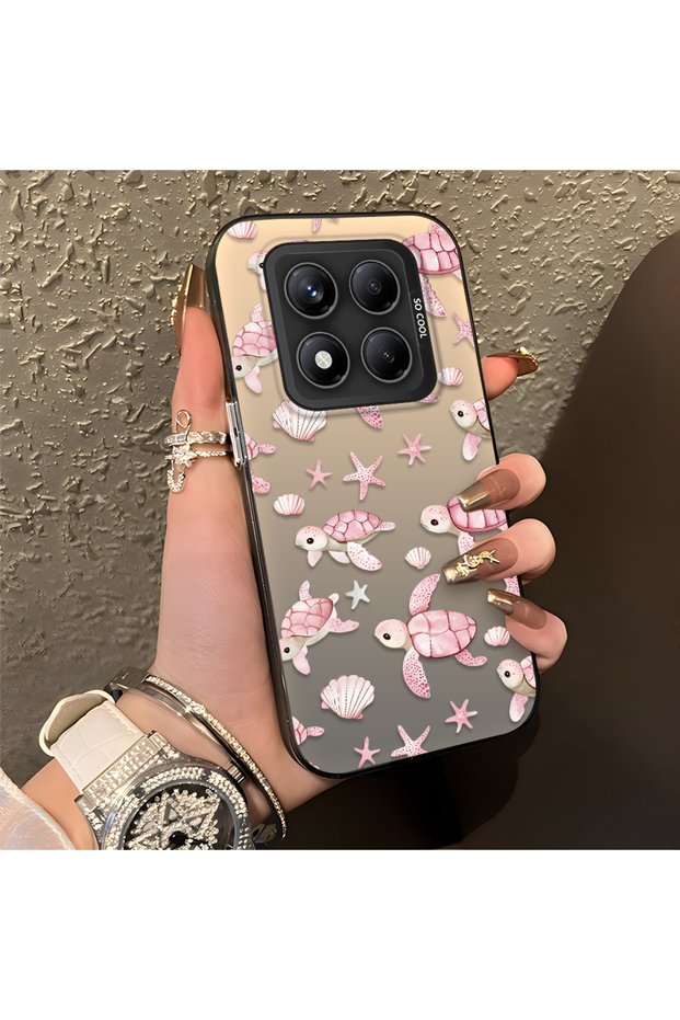غطاء سيليكون بتصميم لطيف، متوافق مع هاتف Redmi Note 14 Pro 4G/5G، بنقشة سلحفاة وردية وقشرة بحرية.